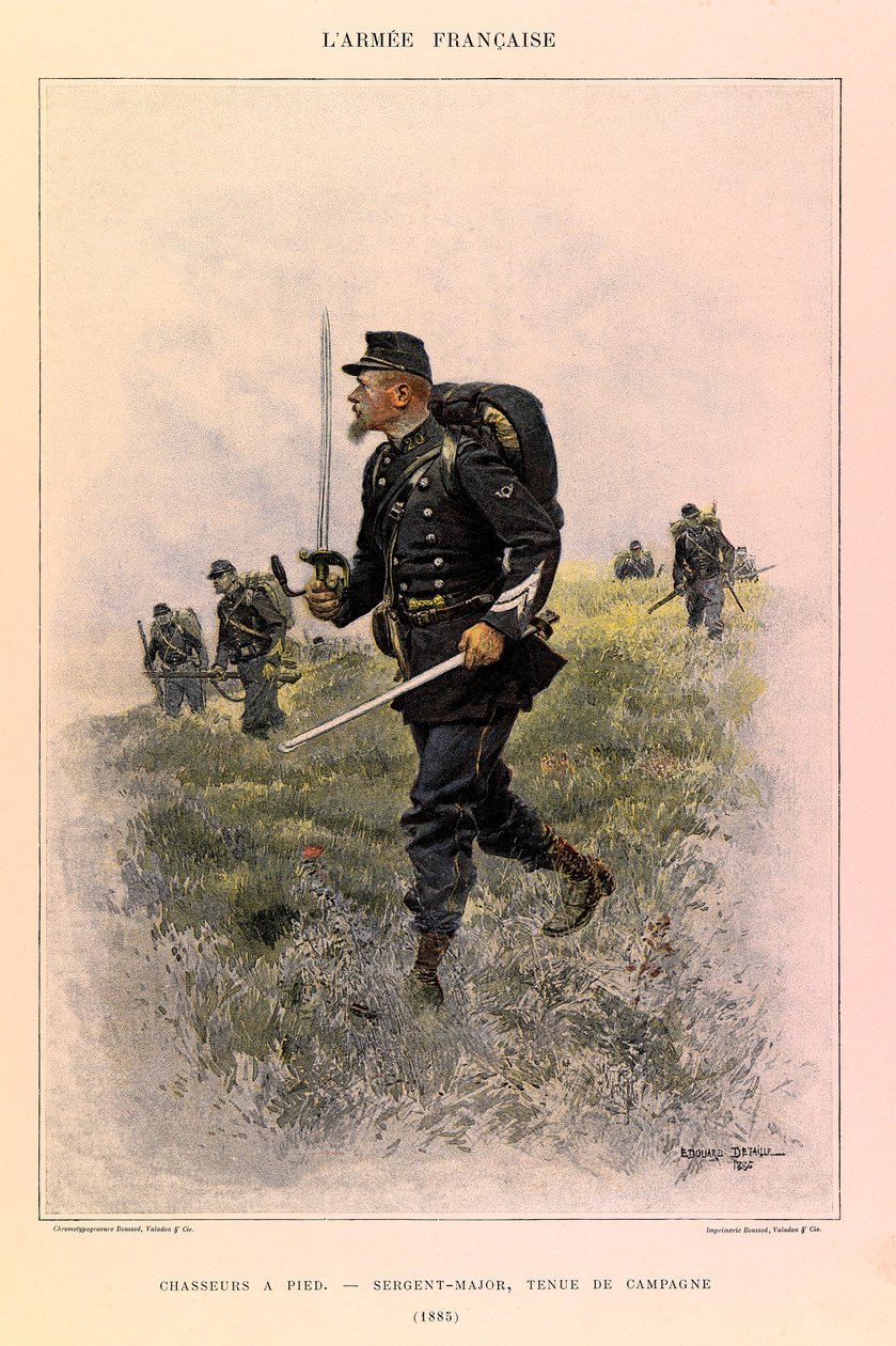 Kapteeni Jules Richardin ranskalaisen armeen tyypit ja univormut, kuvittanut Edouard Detaille (1848-1912): Jalkametsästäjät: Kersanttimajuri kenttäpuvussa vuonna 1885, yksityinen kokoelma tekijältä Jean Baptiste Edouard Detaille