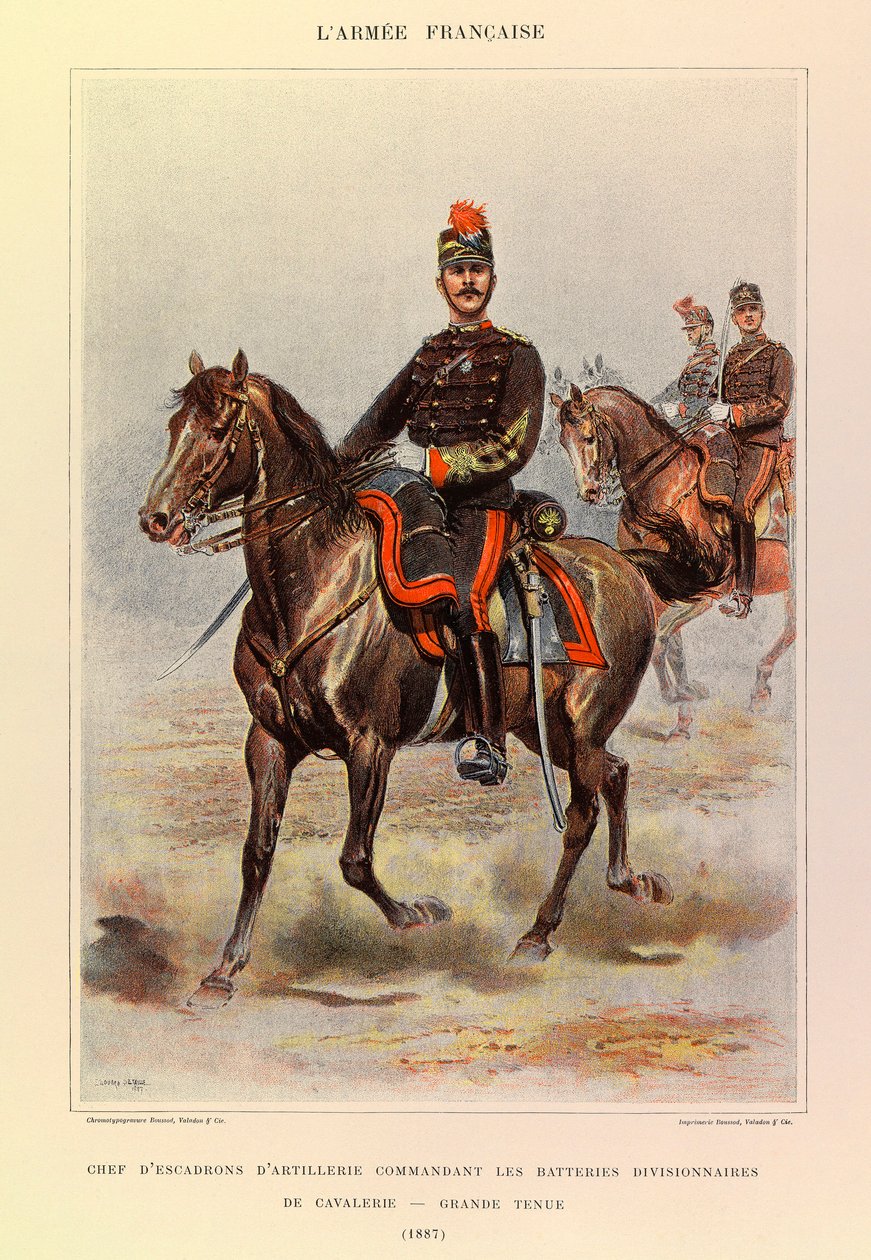 Kapteeni Jules Richardin ranskalaisen armeijan tyypit ja univormut, kuvittanut Edouard Detaille (1848-1912): tykistölentueen päällikkö, joka komensi divisioonan ratsuväen pattereita suuressa asussa vuonna 1887, yksityinen kokoelma tekijältä Jean Baptiste Edouard Detaille