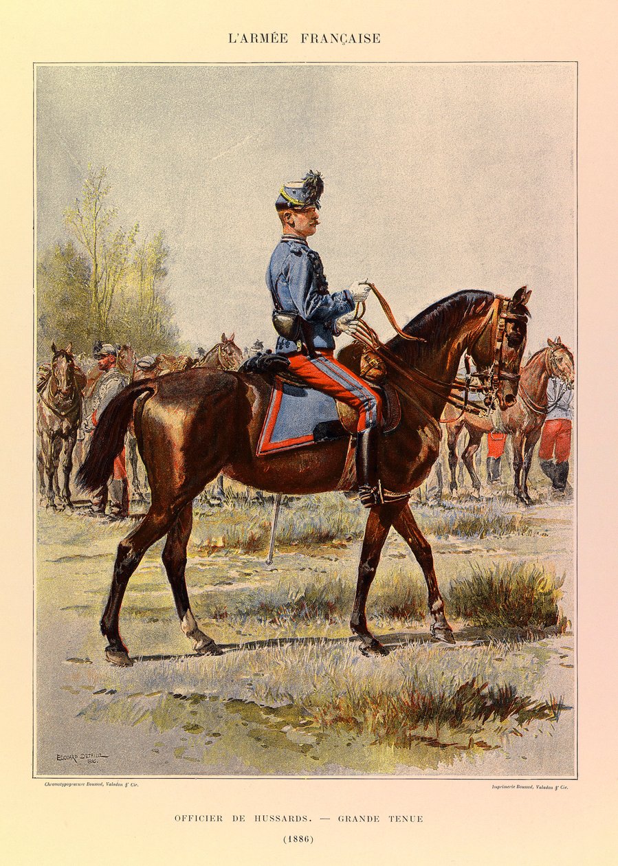 Kapteeni Jules Richardin ranskalaisen armeijan tyypit ja univormut, kuvittanut Edouard Detaille (1848-1912): Hussardien upseeri upeassa puvussa vuonna 1886, yksityinen kokoelma tekijältä Jean Baptiste Edouard Detaille