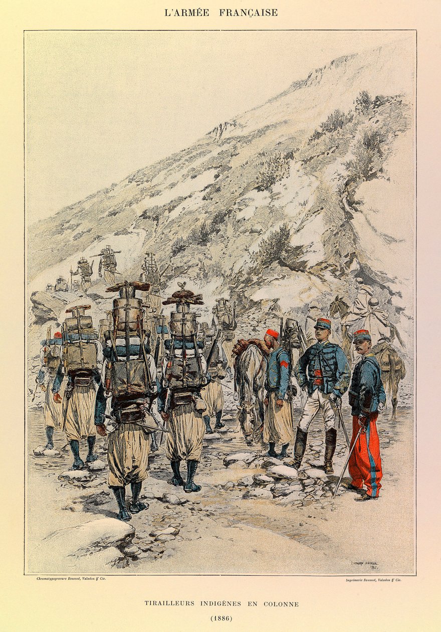Kapteeni Jules Richardin ranskalaisen armeijan tyypit ja univormut, kuvittanut Edouard Detaille (1848-1912): Indigenes Tirailleurs in Column in 1886, Private Collection tekijältä Jean Baptiste Edouard Detaille