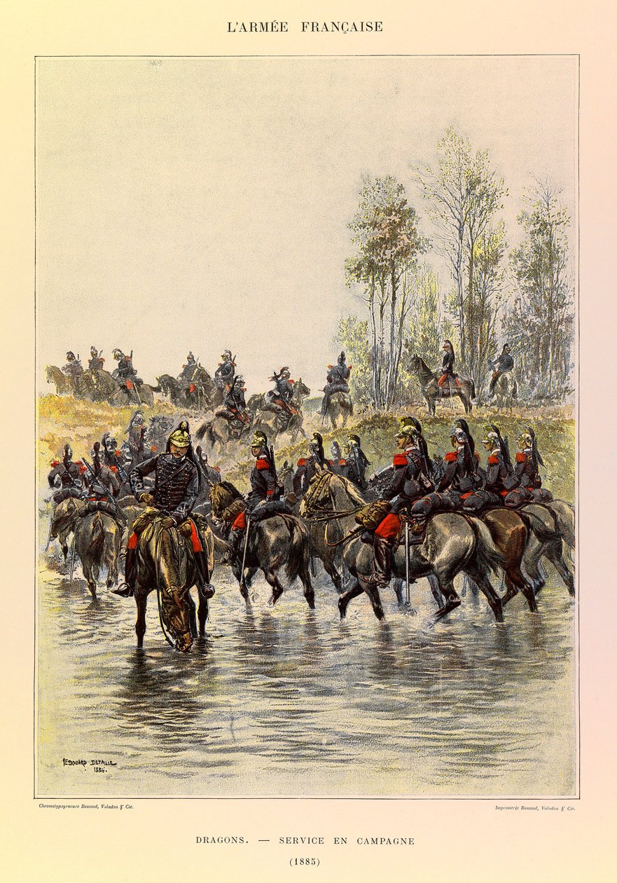 Kapteeni Jules Richardin ranskalaisen armeijan tyypit ja univormut, kuvittanut Edouard Detaille (1848-1912): Lohikäärmeet; Kenttäpalvelu vuonna 1885, yksityinen kokoelma tekijältä Jean Baptiste Edouard Detaille