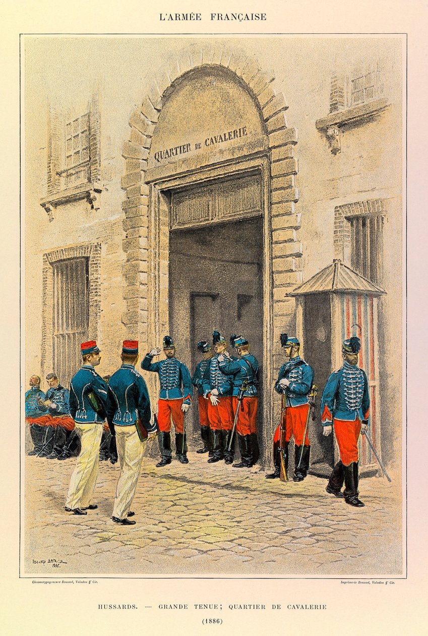 Kapteeni Jules Richardin ranskalaisen armeijan tyypit ja univormut, kuvittanut Edouard Detaille (1848-1912): Hussards in Great Dress; Ratsuväkipiiri vuonna 1886, yksityinen kokoelma tekijältä Jean Baptiste Edouard Detaille