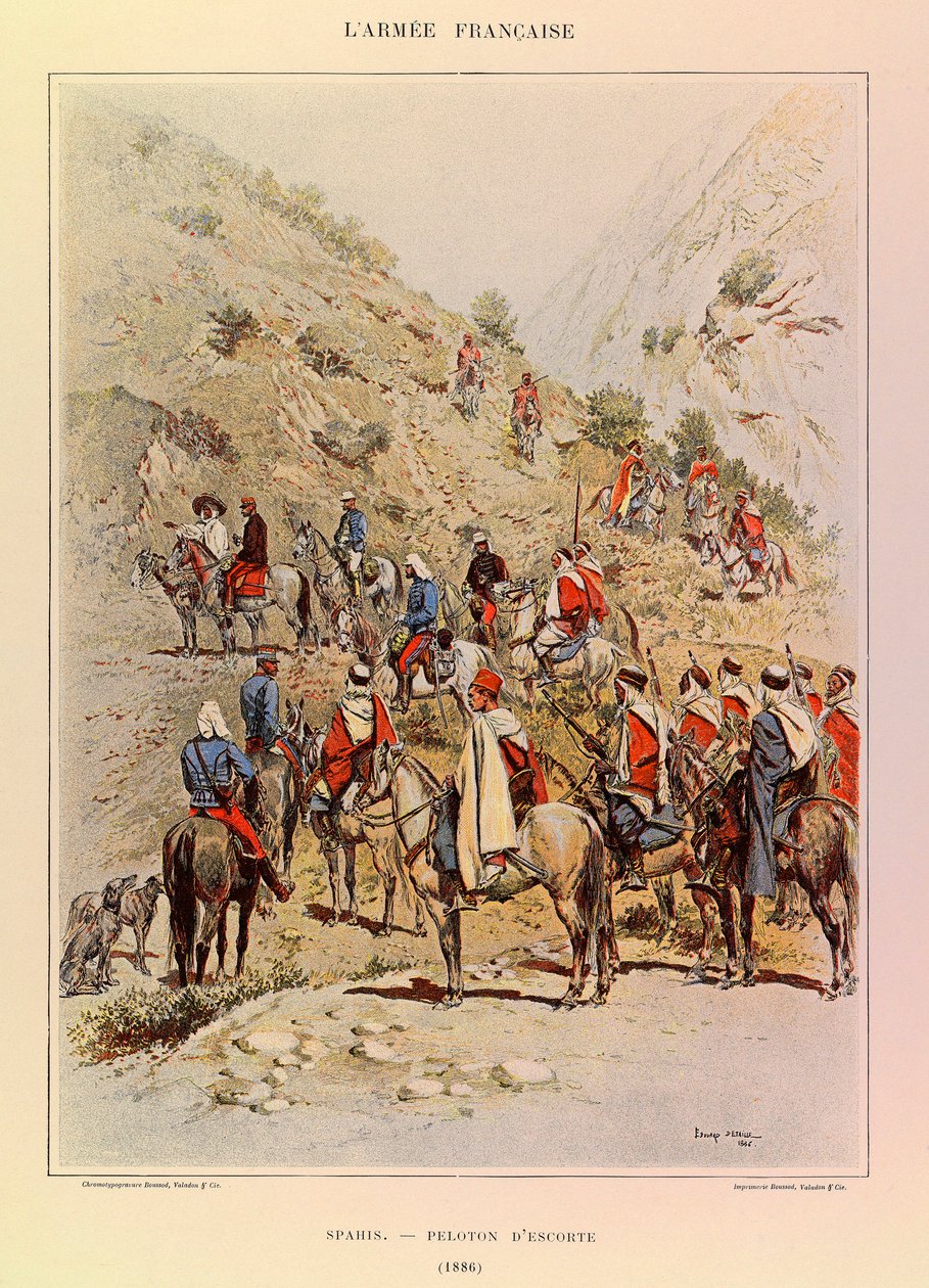 Kapteeni Jules Richardin ranskalaisen armeijan tyypit ja univormut, kuvittanut Edouard Detaille (1848-1912): Spahis; Escort Platoon vuonna 1886, yksityinen kokoelma tekijältä Jean Baptiste Edouard Detaille