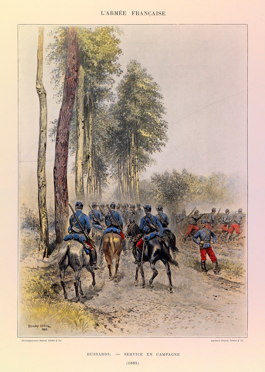Kapteeni Jules Richardin ranskalaisen armeijan tyypit ja univormut, kuvittanut Edouard Detaille (1848-1912): Hussards; Field Service 1885, yksityinen kokoelma tekijältä Jean Baptiste Edouard Detaille