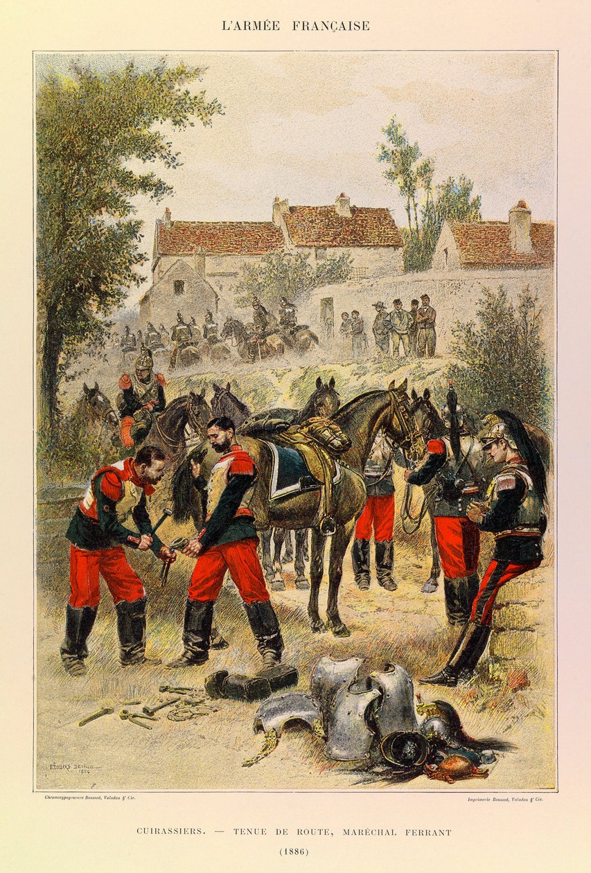 Kapteeni Jules Richardin ranskalaisen armeijan tyypit ja univormut, kuvittanut Edouard Detaille (1848-1912): Cuirassiers; Tienkäsittely; Marechal Ferrant vuonna 1886, yksityinen kokoelma tekijältä Jean Baptiste Edouard Detaille