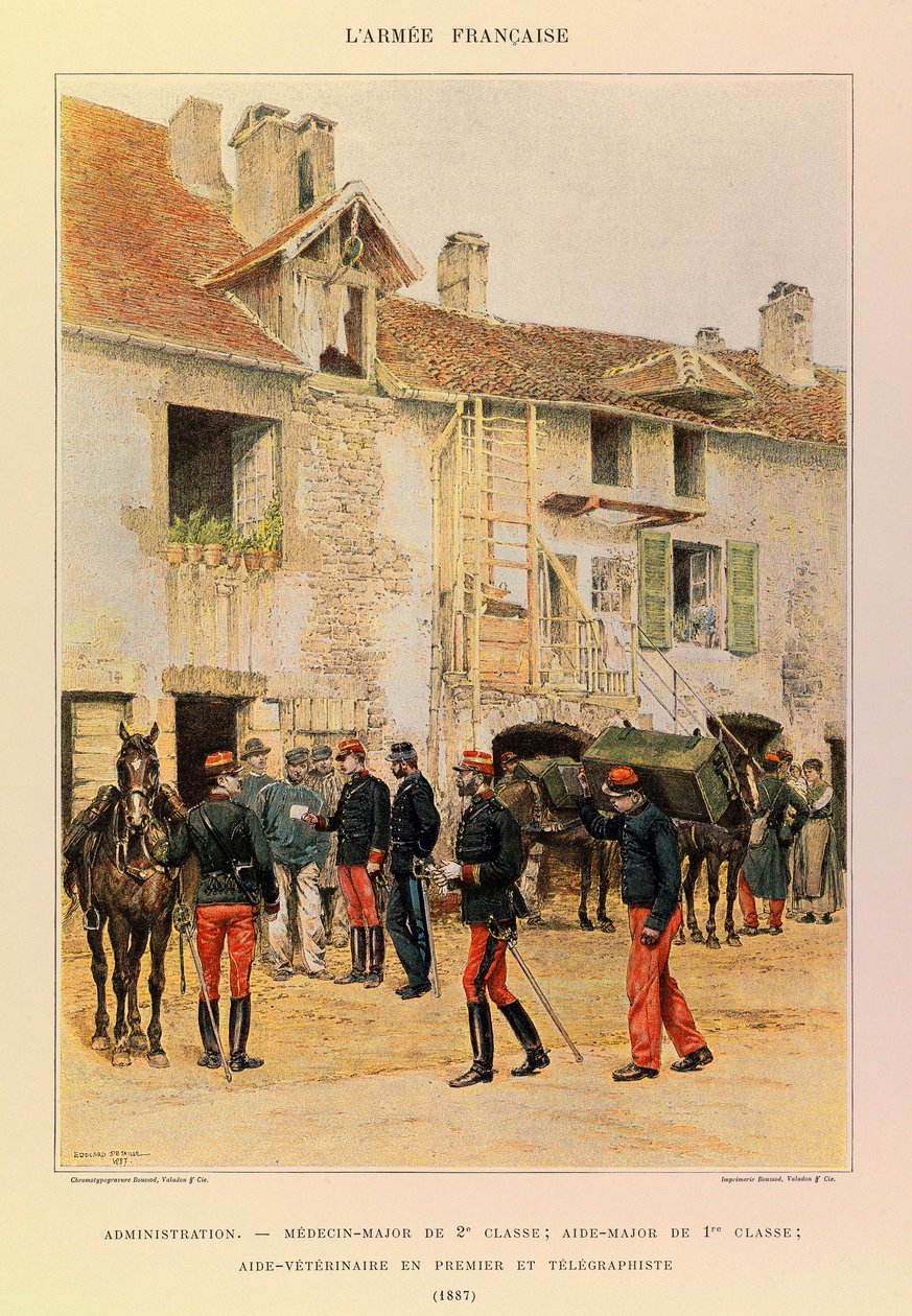 Kapteeni Jules Richardin ranskalaisen armeijan tyypit ja univormut, kuvittanut Edouard Detaille (1848-1912): Hallinto: Lääketieteellinen pääaine 2, luokka; Aide Major of 1, ere Class; Veterinary Aide First ja lennätin vuonna 1887, yksityinen kokoelma tekijältä Jean Baptiste Edouard Detaille