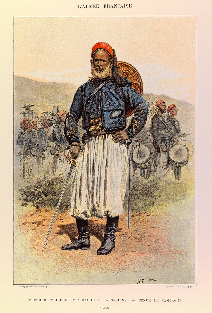 Kapteeni Jules Richardin Ranskan armeijan tyypit ja univormut, kuvittanut Edouard Detaille (1848-1912): Algerian Tuniorsin upseeri kenttäpuvussa vuonna 1886, yksityiskokoelma. tekijältä Jean Baptiste Edouard Detaille