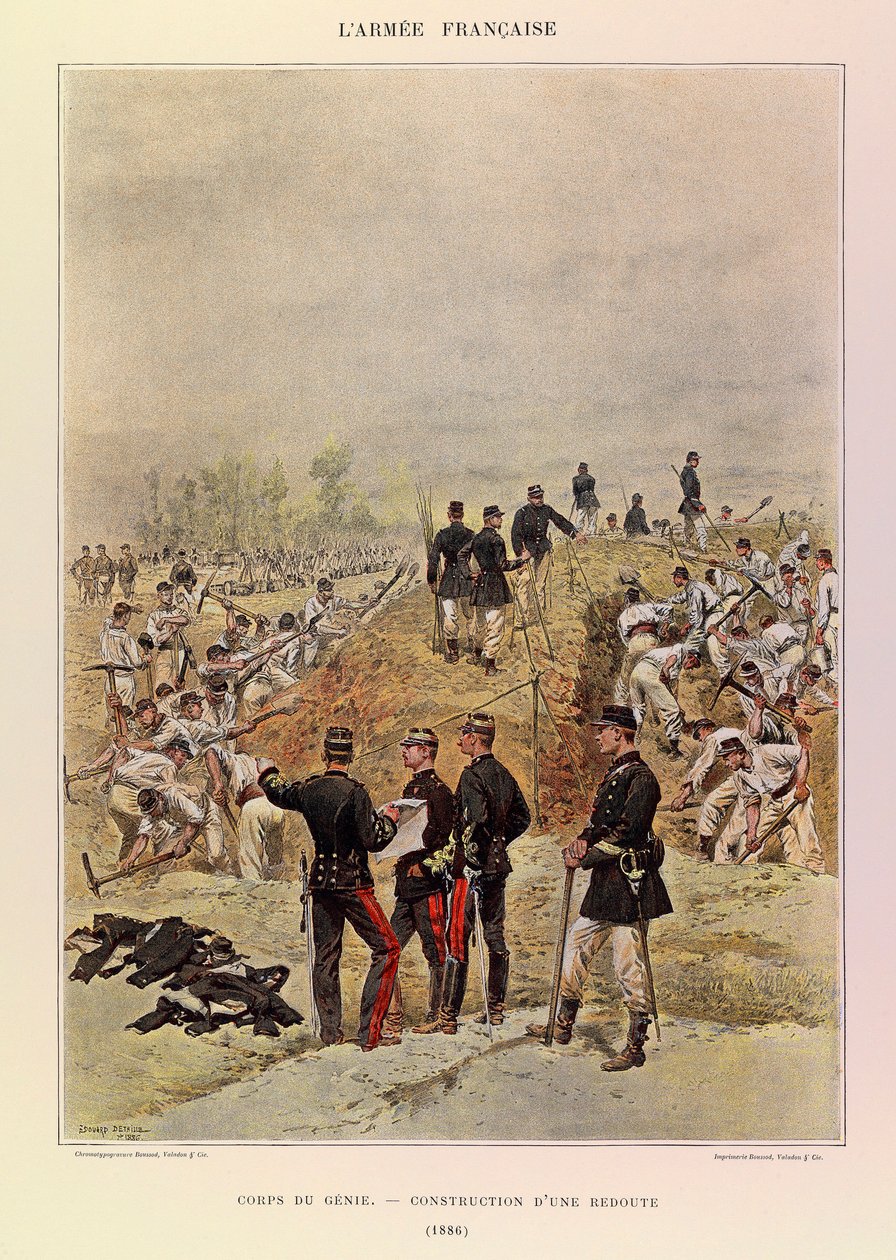 Kapteeni Jules Richardin ranskalaisen armeijan tyypit ja univormut, kuvittanut Edouard Detaille (1848-1912): Corps de Genie; Redoubin rakentaminen vuonna 1886, yksityinen kokoelma tekijältä Jean Baptiste Edouard Detaille