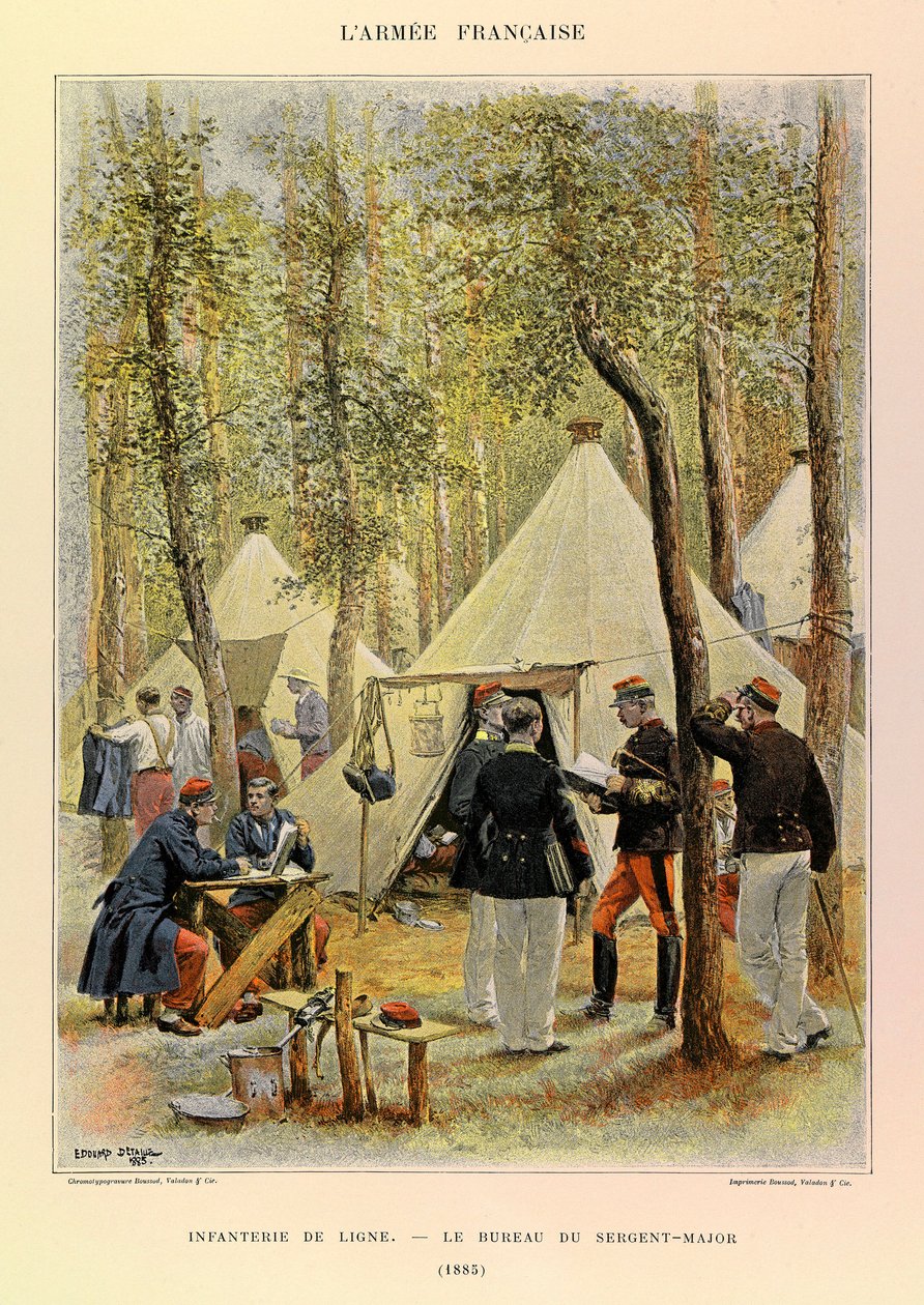 Kapteeni Jules Richardin ranskalaisen armeijan tyypit ja univormut, kuvittanut Edouard Detaille (1848-1912): Line Jalkaväki: Kersanttimajurin toimisto vuonna 1885, yksityinen kokoelma tekijältä Jean Baptiste Edouard Detaille