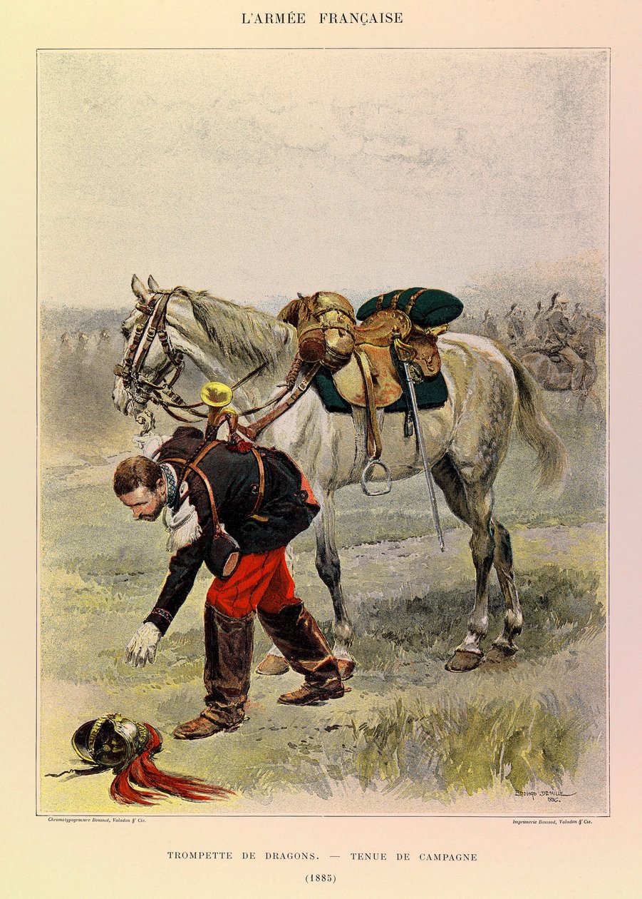 Kapteeni Jules Richardin ranskalaisen armeijan tyypit ja univormut, kuvittanut Edouard Detaille (1848-1912): Lohikäärmeiden trumpetti maalaispuvussa vuonna 1885, yksityinen kokoelma tekijältä Jean Baptiste Edouard Detaille