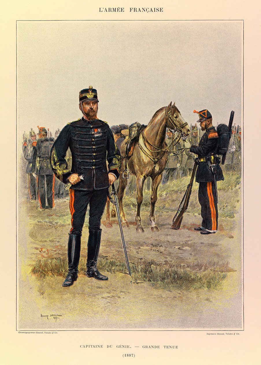 Kapteeni Jules Richardin ranskalaisen armeen tyypit ja univormut, kuvittanut Edouard Detaille (1848-1912): Genien kapteeni upeassa asussa vuonna 1887, yksityinen kokoelma tekijältä Jean Baptiste Edouard Detaille
