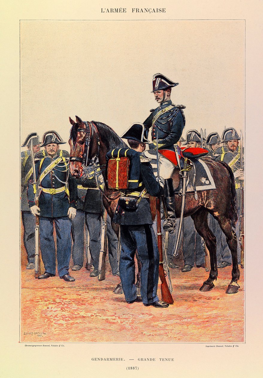 Kapteeni Jules Richardin ranskalaisen armeijan tyypit ja univormut, kuvittanut Edouard Detaille (1848-1912): Gendarmerie en grande attire en 1887, Collection Partiale tekijältä Jean Baptiste Edouard Detaille