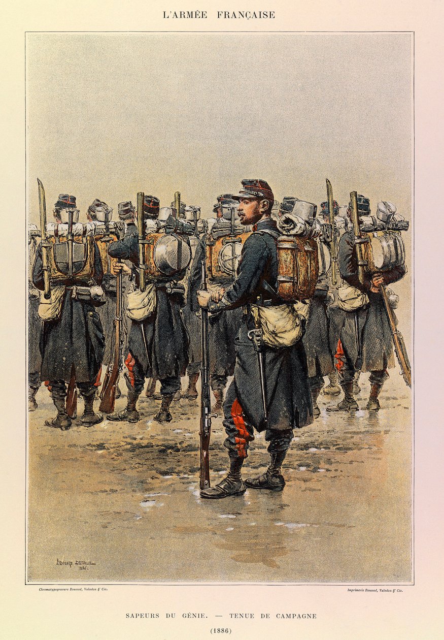 Kapteeni Jules Richardin ranskalaisen armeijan tyypit ja univormut, kuvittanut Edouard Detaille (1848-1912): Genien saappaaja maalaispuvussa vuonna 1886, yksityinen kokoelma tekijältä Jean Baptiste Edouard Detaille