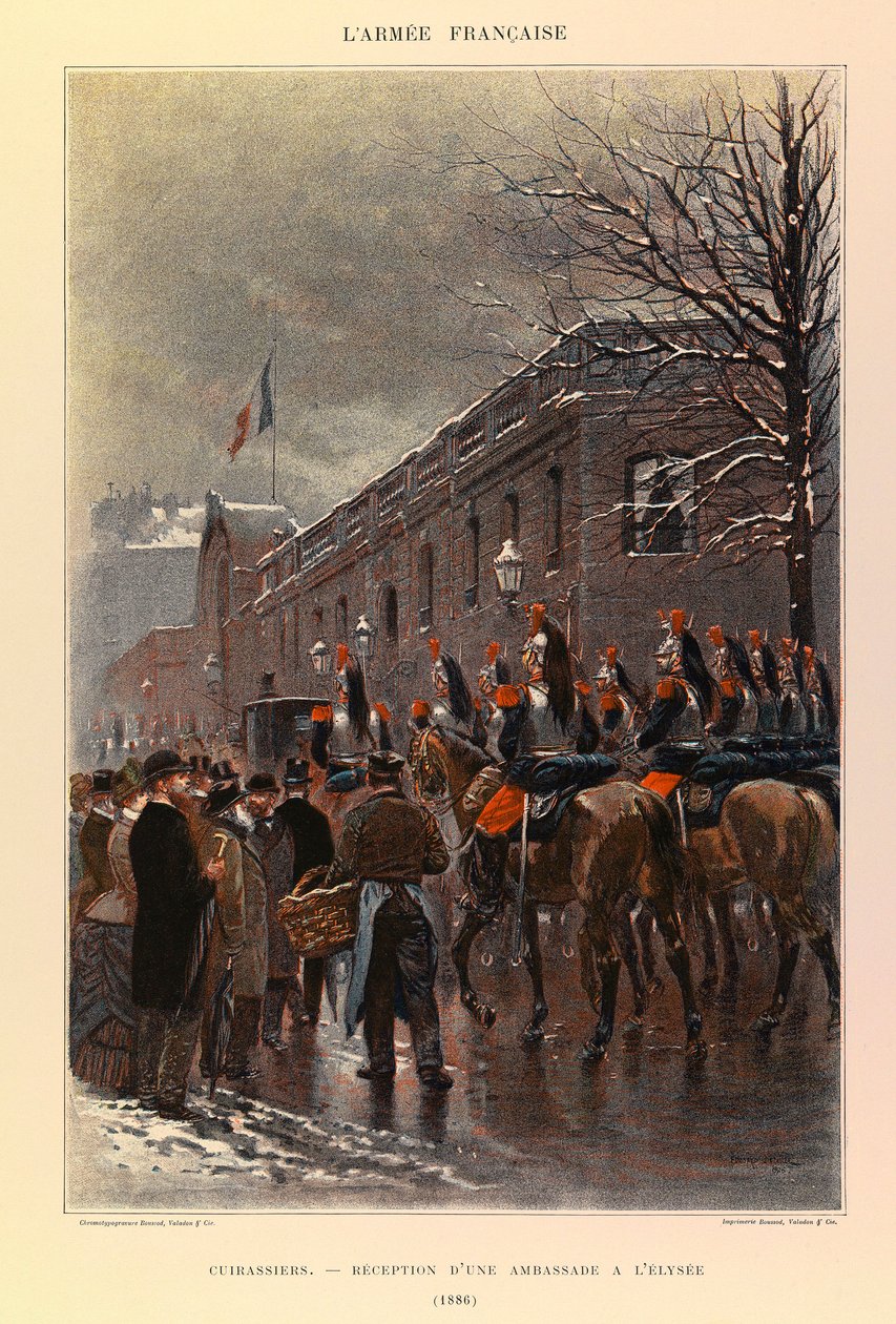 Kapteeni Jules Richardin ranskalaisen armeijan tyypit ja univormut, kuvittanut Edouard Detaille (1848-1912): Cuirassiers: Elysee-suurlähetystön vastaanotto vuonna 1886, yksityinen kokoelma tekijältä Jean Baptiste Edouard Detaille