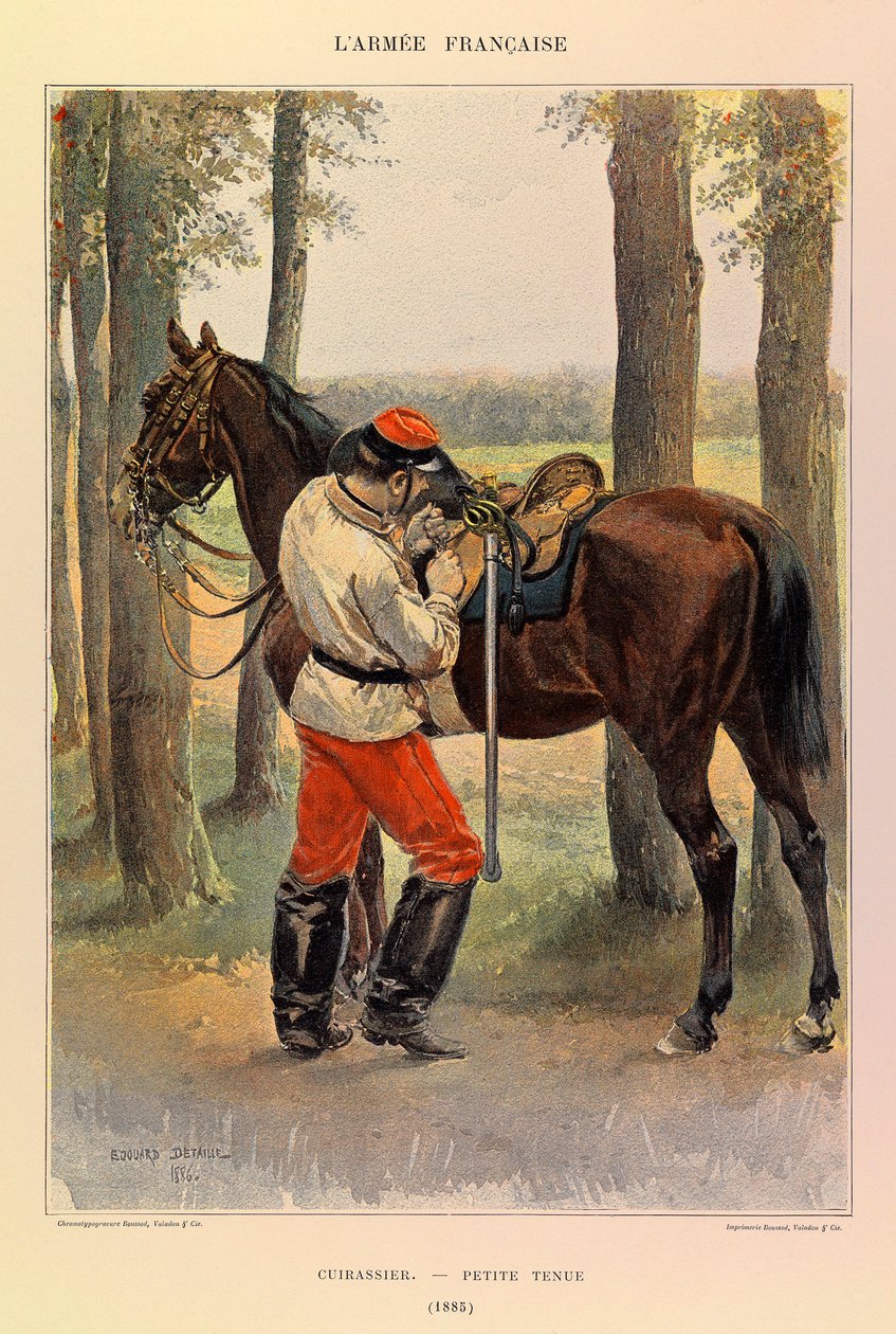 Kapteeni Jules Richardin ranskalaisen armeijan tyypit ja univormut, kuvittanut Edouard Detaille (1848-1912): Cuirassier pienessä mekossa vuonna 1885, yksityinen kokoelma tekijältä Jean Baptiste Edouard Detaille