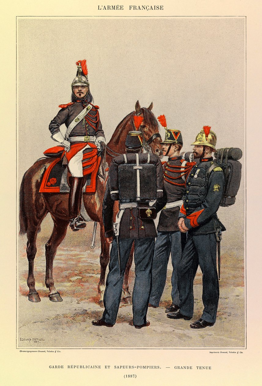 Kapteeni Jules Richardin ranskalaisen armeijan tyypit ja univormut, kuvittanut Edouard Detaille (1848-1912): Tasavallan vartija ja palomiehet upeassa asussa vuonna 1887, yksityinen kokoelma tekijältä Jean Baptiste Edouard Detaille