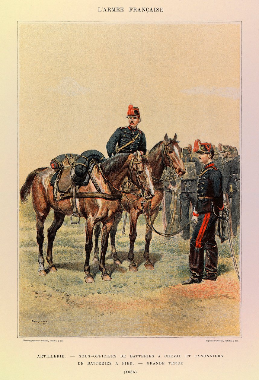 Kapteeni Jules Richardin ranskalaisen armeijan tyypit ja univormut, kuvittanut Edouard Detaille (1848-1912): Tykistö: Pattereiden aliupseerit hevosilla ja pattereiden ampujat jalkaisin suurissa asuissa vuonna 1886, Yksityinen kokoelma tekijältä Jean Baptiste Edouard Detaille
