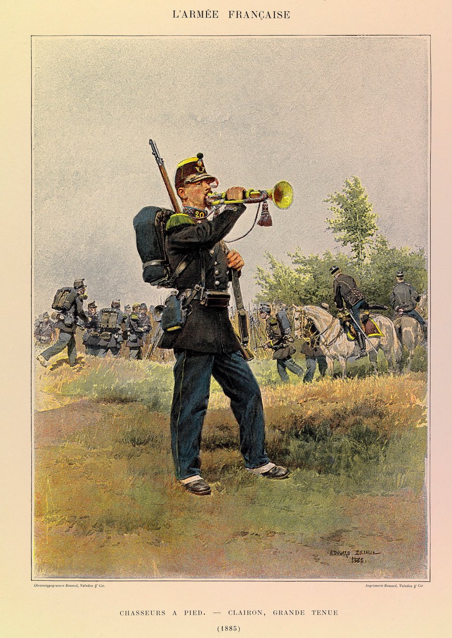 Kapteeni Jules Richardin ranskalaisen armeijan tyypit ja univormut, kuvittanut Edouard Detaille (1848-1912): Metsästäjät jalkaisin: Bugle upeassa mekossa vuonna 1885, yksityinen kokoelma tekijältä Jean Baptiste Edouard Detaille