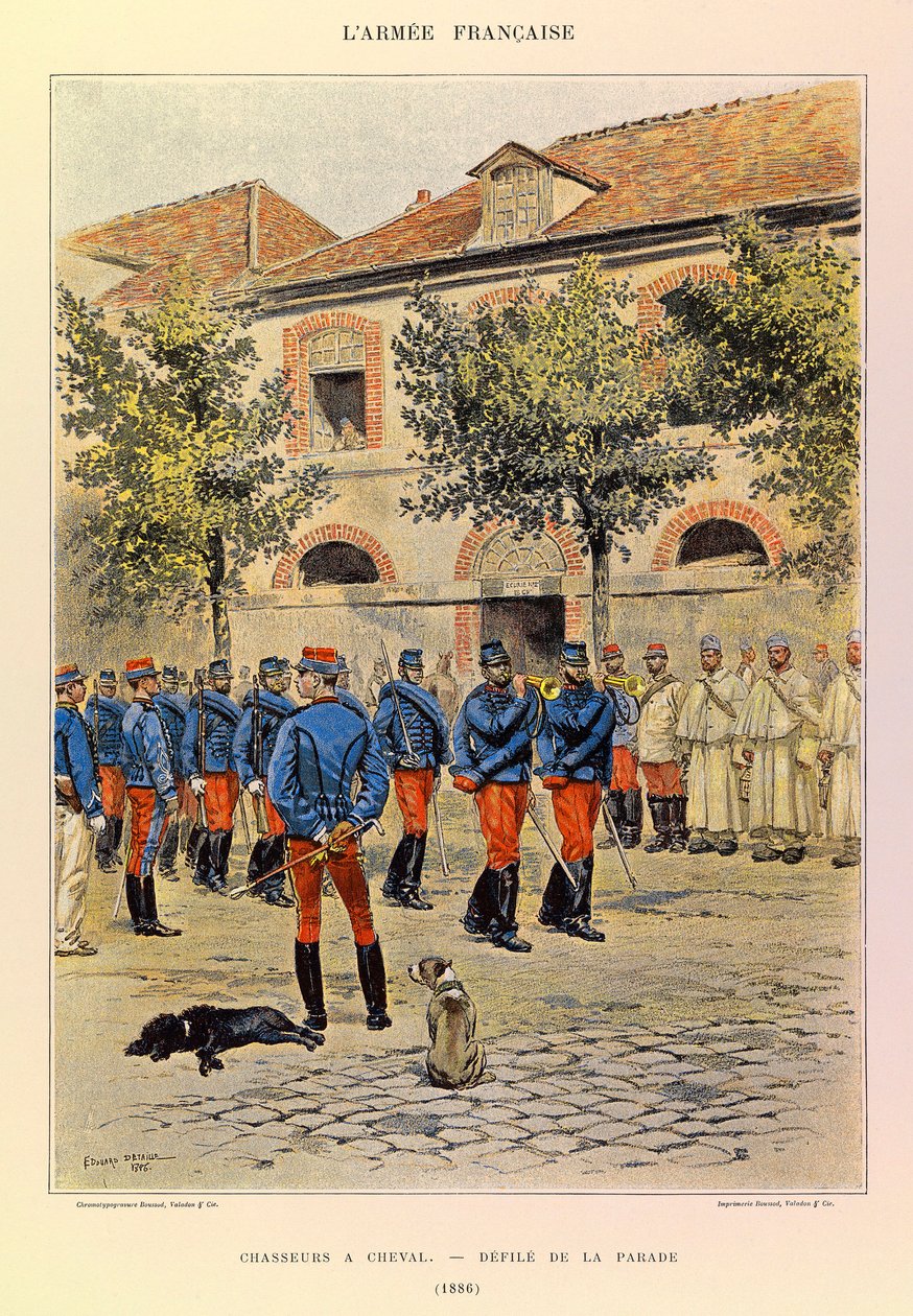 Kapteeni Jules Richardin ranskalaisen armeijan tyypit ja univormut, kuvittanut Edouard Detaille (1848-1912): Hunters a Horseback; Defile de la parade en 1886, Collection Partiale tekijältä Jean Baptiste Edouard Detaille