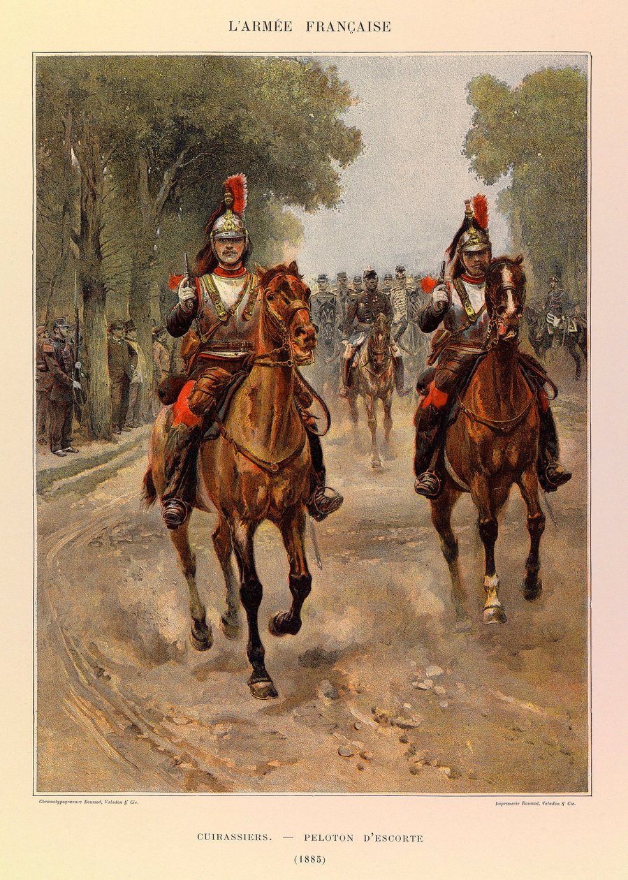 Kapteeni Jules Richardin ranskalaisen armeijan tyypit ja univormut, kuvittanut Edouard Detaille (1848-1912): Cuirassiers: Escort-joukkue vuonna 1885, yksityinen kokoelma tekijältä Jean Baptiste Edouard Detaille