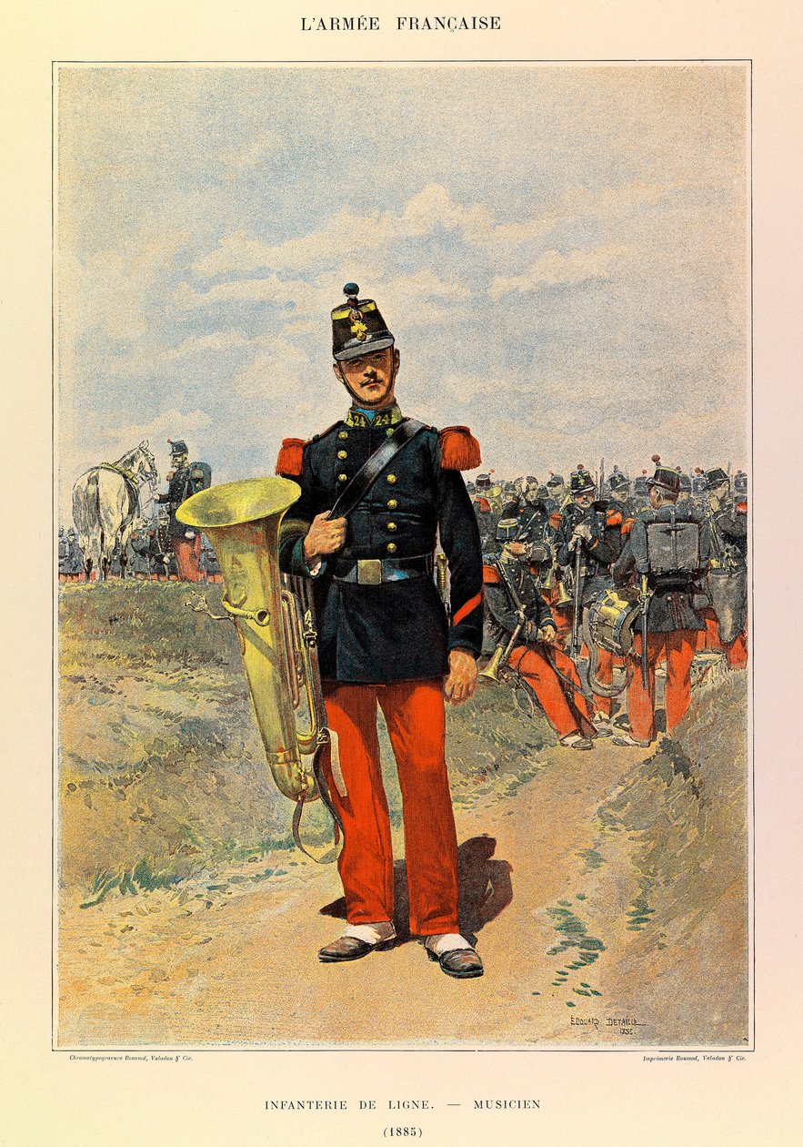 Kapteeni Jules Richardin ranskalaisen armeijan tyypit ja univormut, kuvittanut Edouard Detaille (1848-1912): Rivijalkaväki: muusikko vuonna 1885, yksityinen kokoelma tekijältä Jean Baptiste Edouard Detaille