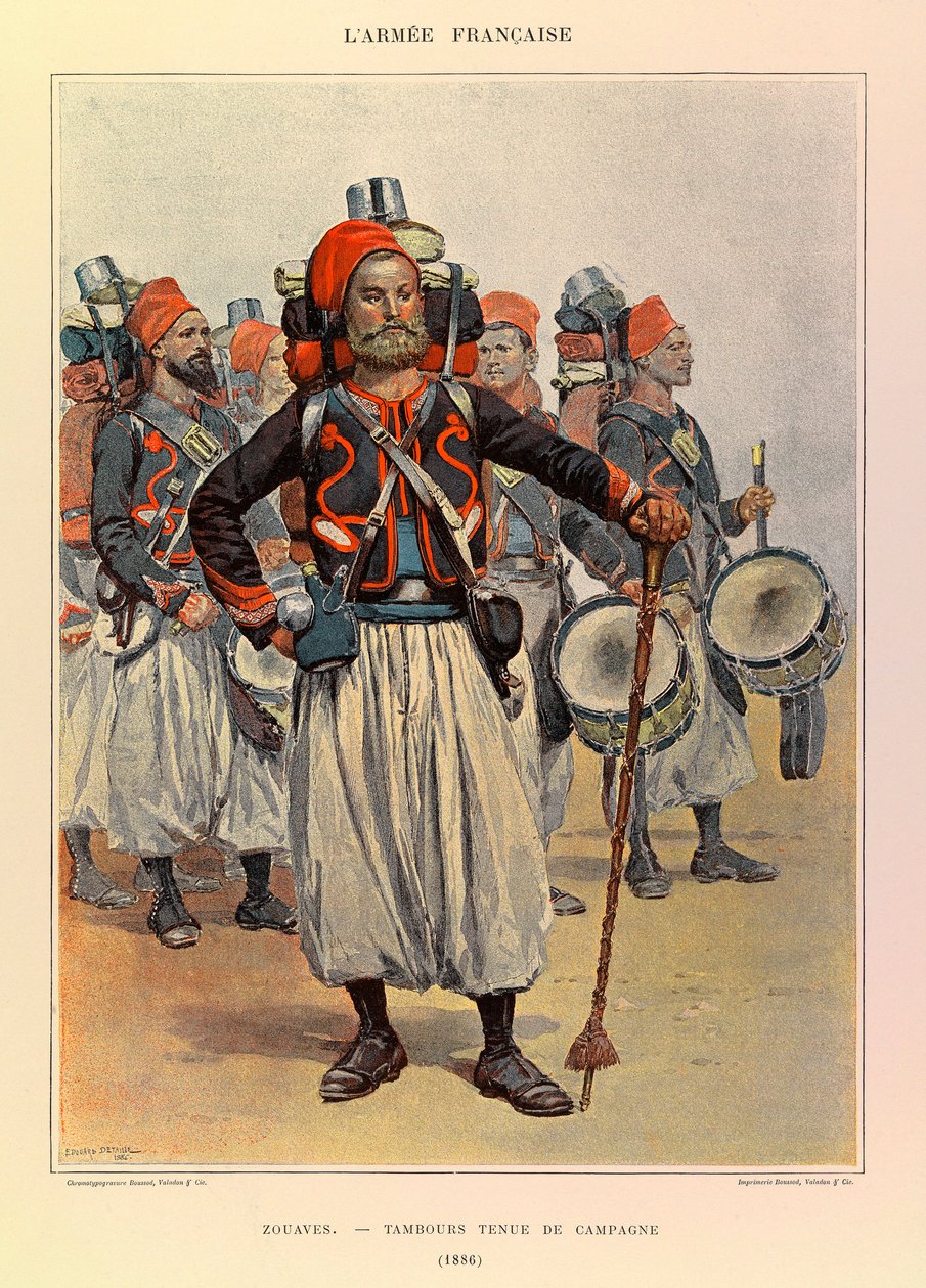 aKapteeni Jules Richardin ranskalaisen armeijan tyypit ja univormut, kuvittanut Edouard Detaille (1848-1912): Zouaves: Drum in Country Dress vuonna 1886, yksityinen kokoelma tekijältä Jean Baptiste Edouard Detaille