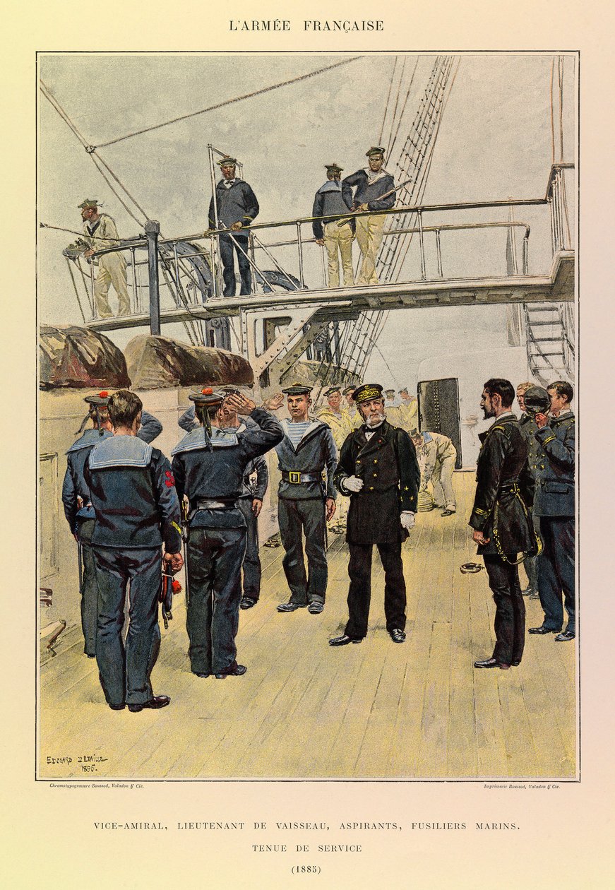 Kapteeni Jules Richardin ranskalaisen armeijan tyypit ja univormut, kuvittanut Edouard Detaille (1848-1912): Laivasto: Vara-amiraali, aliluutnantti, aspirantit, merikiväärit palveluspukussa vuonna 1885, Yksityinen kokoelma tekijältä Jean Baptiste Edouard Detaille