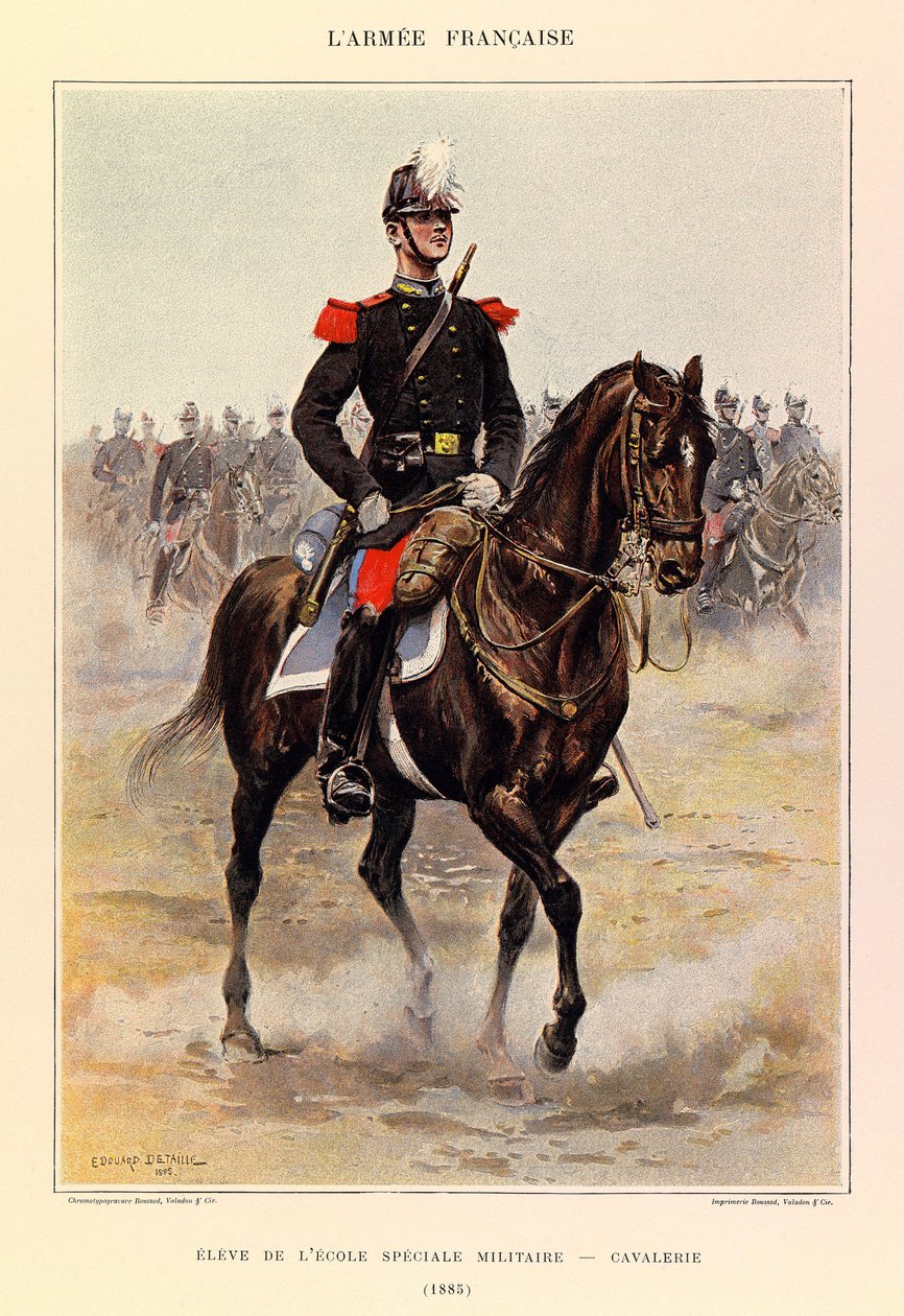 Kapteeni Jules Richardin ranskalaisen armeijan tyypit ja univormut, kuvittanut Edouard Detaille (1848-1912): Erityissotakoulun oppilas: ratsuväki vuonna 1885, yksityinen kokoelma tekijältä Jean Baptiste Edouard Detaille
