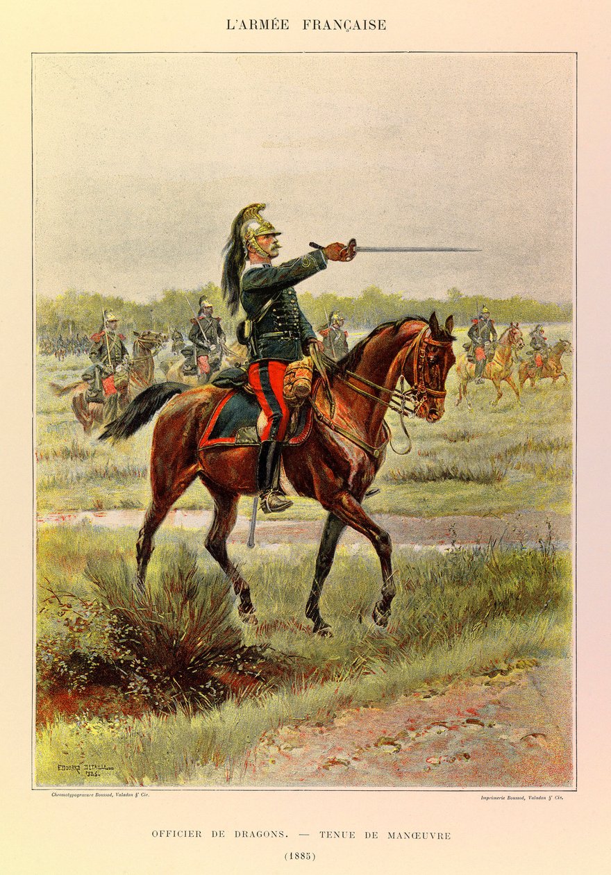 Kapteeni Jules Richardin ranskalaisen armeijan tyypit ja univormut, kuvittanut Edouard Detaille (1848-1912): Lohikäärmeiden upseeri ohjauspuvussa vuonna 1885, yksityinen kokoelma tekijältä Jean Baptiste Edouard Detaille