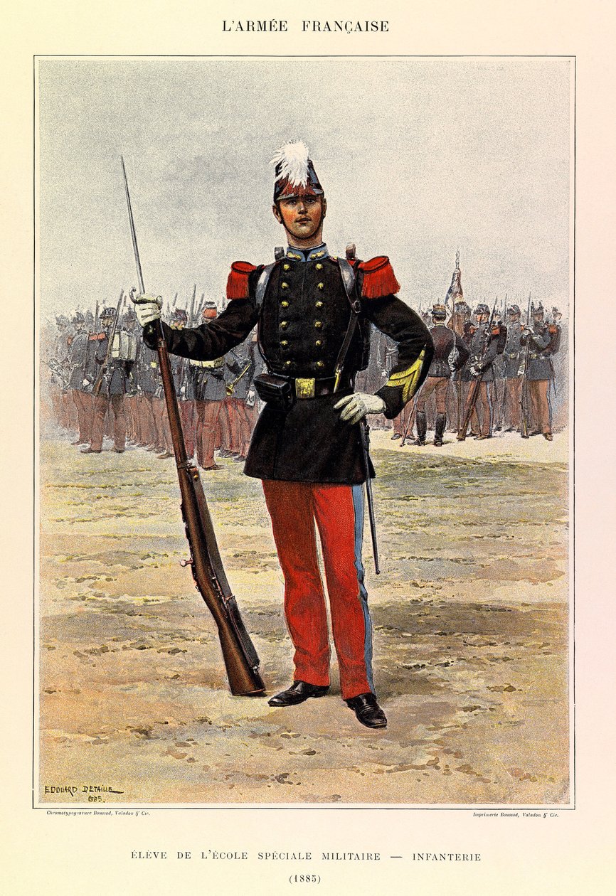 Kapteeni Jules Richardin ranskalaisen armeijan tyypit ja univormut, kuvittanut Edouard Detaille (1848-1912): Erityissotakoulun oppilas: jalkaväki vuonna 1885, yksityinen kokoelma tekijältä Jean Baptiste Edouard Detaille