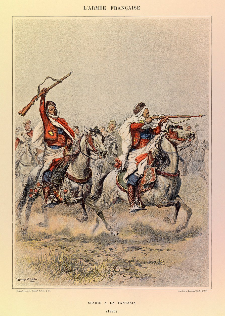 Kapteeni Jules Richardin ranskalaisen armeijan tyypit ja univormut, kuvittanut Edouard Detaille (1848-1912): Spahis a la Fantasia vuonna 1886, yksityinen kokoelma tekijältä Jean Baptiste Edouard Detaille