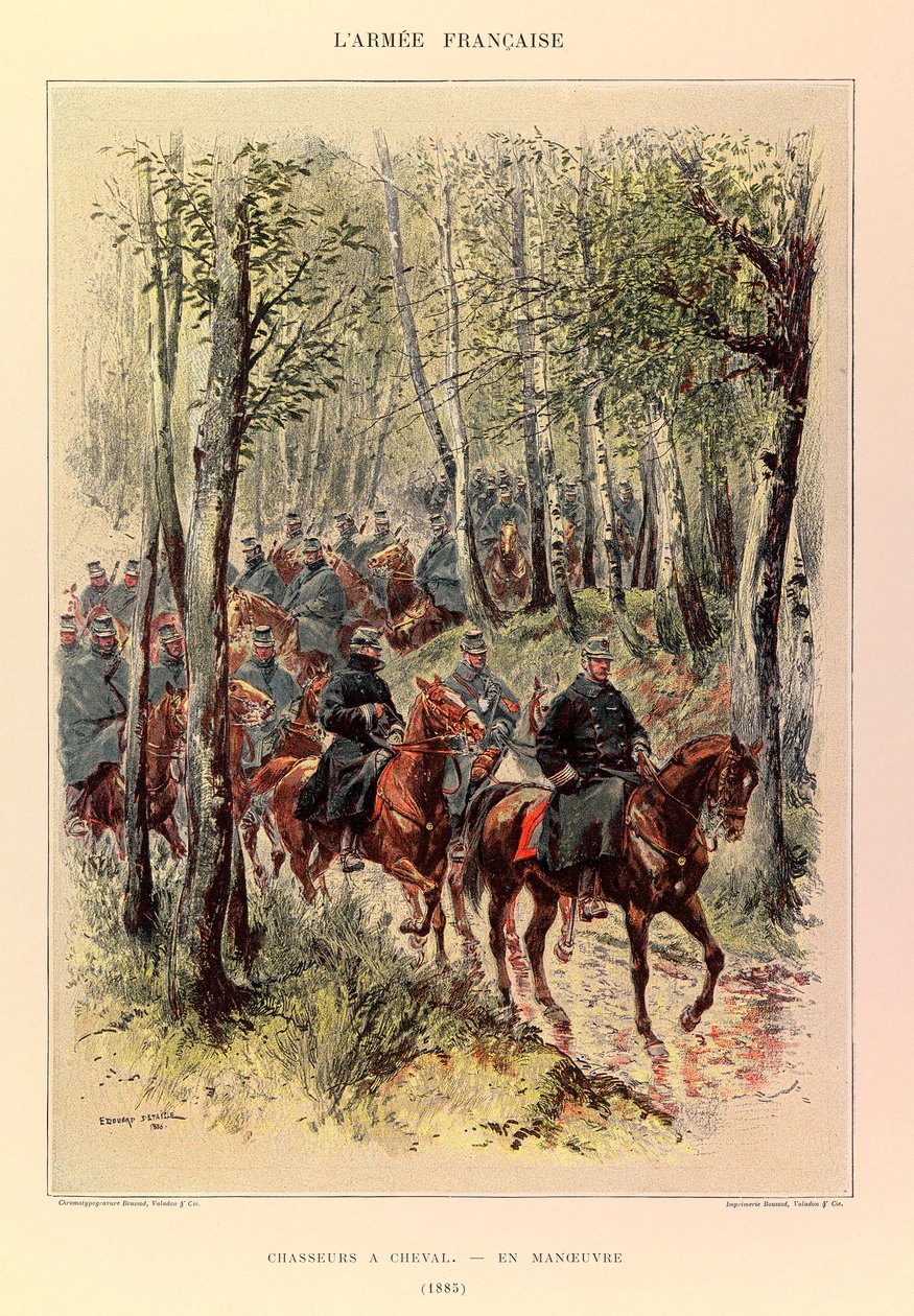 Kapteeni Jules Richardin ranskalaisen armeijan tyypit ja univormut, kuvittanut Edouard Detaille (1848-1912): Metsästäjät hevosen liikkeessä vuonna 1885, yksityinen kokoelma tekijältä Jean Baptiste Edouard Detaille