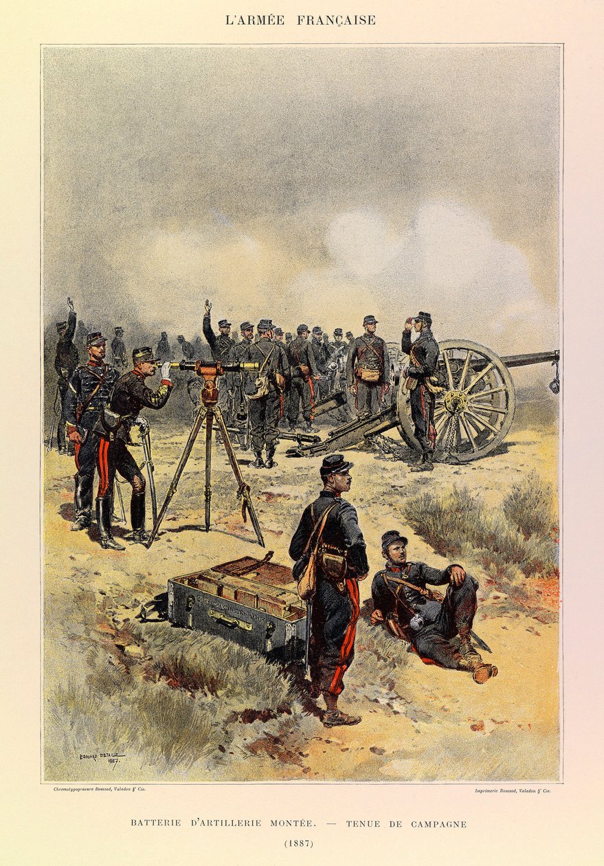 Kapteeni Jules Richardin ranskalaisen armeijan tyypit ja univormut, kuvittanut Edouard Detaille (1848-1912): Tykistön patteri asennettu kenttäpukuun vuonna 1887, yksityinen kokoelma tekijältä Jean Baptiste Edouard Detaille