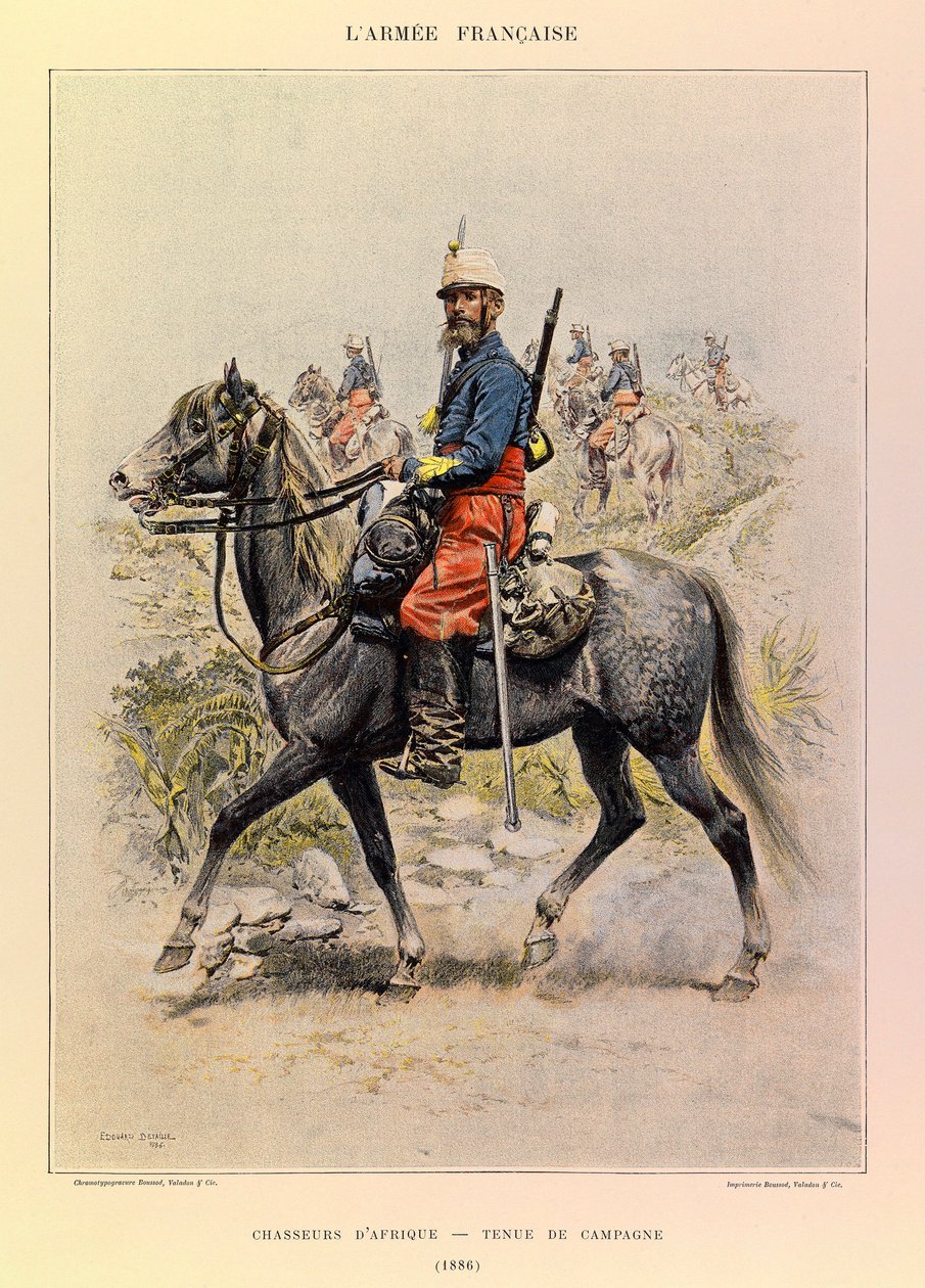 Kapteeni Jules Richardin ranskalaisen armeijan tyypit ja univormut, kuvittanut Edouard Detaille (1848-1912): Afrikan metsästäjät maalaispuvussa vuonna 1886, yksityinen kokoelma tekijältä Jean Baptiste Edouard Detaille