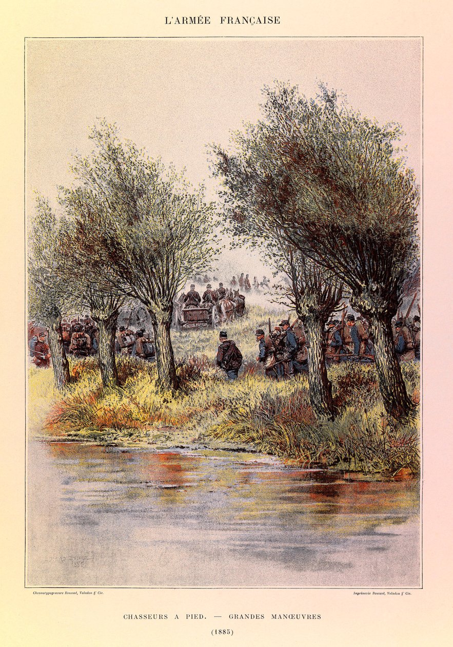 Kapteeni Jules Richardin ranskalaisen armeijan tyypit ja univormut, kuvittanut Edouard Detaille (1848-1912): Metsästäjät jalkaisin; suuret liikkeet vuonna 1885, Private Collection tekijältä Jean Baptiste Edouard Detaille
