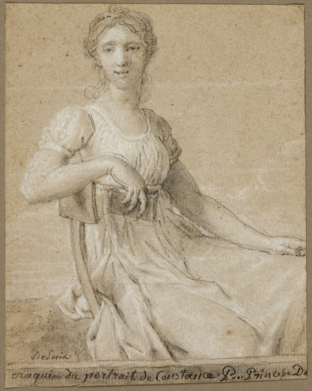 Luonnos Constance Pipeletin muotokuvasta (etusivu); naisen pää (kääntöpuoli). tekijältä Jean Baptiste Francois Desoria