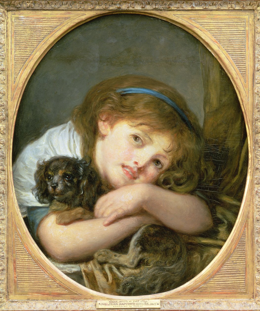 Tyttö lemmikkikoiran kanssa (öljy paneelissa) tekijältä Jean Baptiste Greuze