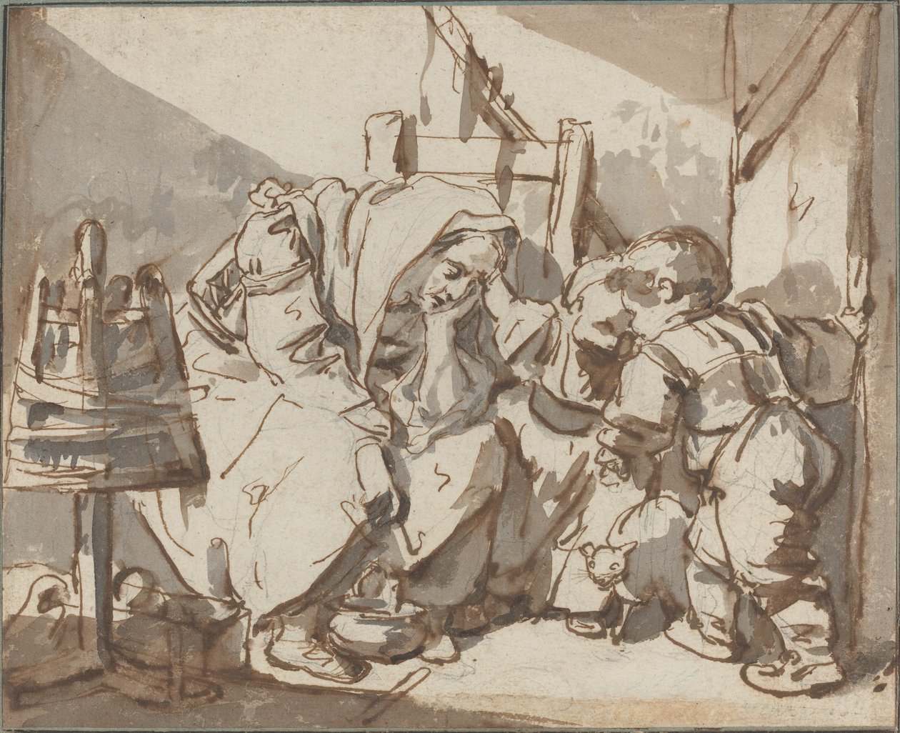 Väsynyt nainen, jolla on kaksi lasta tekijältä Jean Baptiste Greuze