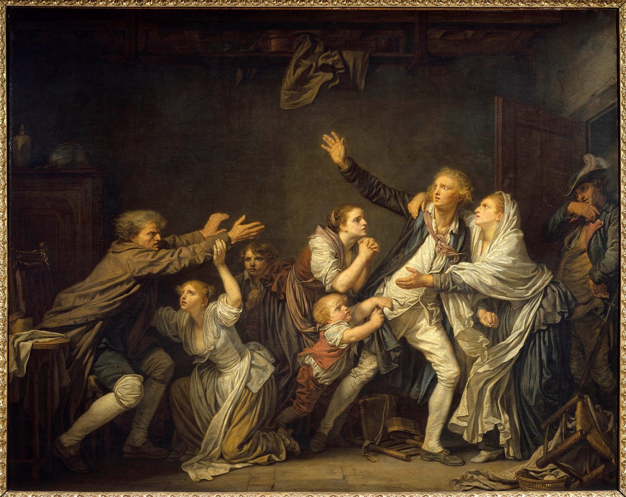 Isä kiistää, että hänen poikansa on pakotettu jättämään perheen kodin. Jean Baptiste Greuzen (1725-1805) maalaus 1777 Su. 1,30 x 1,62 m tekijältä Jean Baptiste Greuze