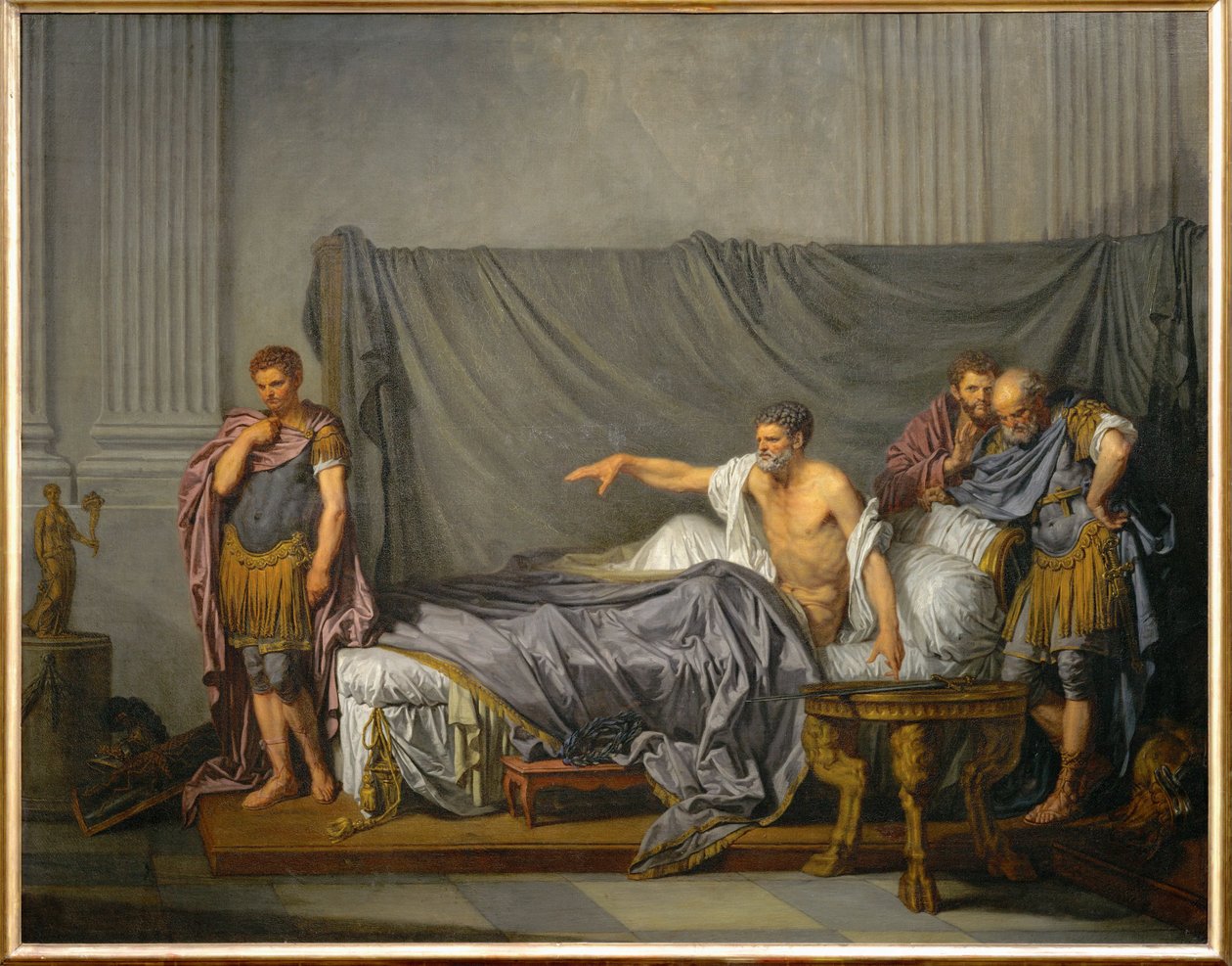 Keisari Lucius Septimius Severus syyttää poikaansa Caracallaa hänen salamurhansa suunnittelusta ... tekijältä Jean Baptiste Greuze