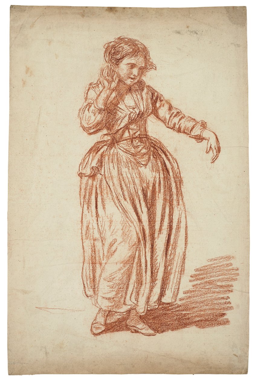 Tyttö seisoo, oikea käsi korvalla tekijältä Jean Baptiste Greuze