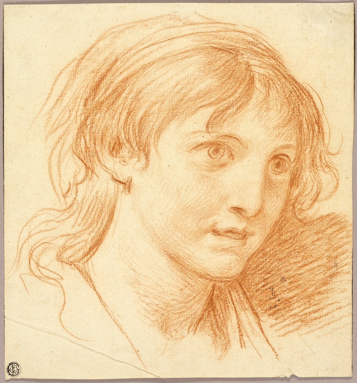 Tytön pää, jolla on kiinteät silmät tekijältä Jean Baptiste Greuze