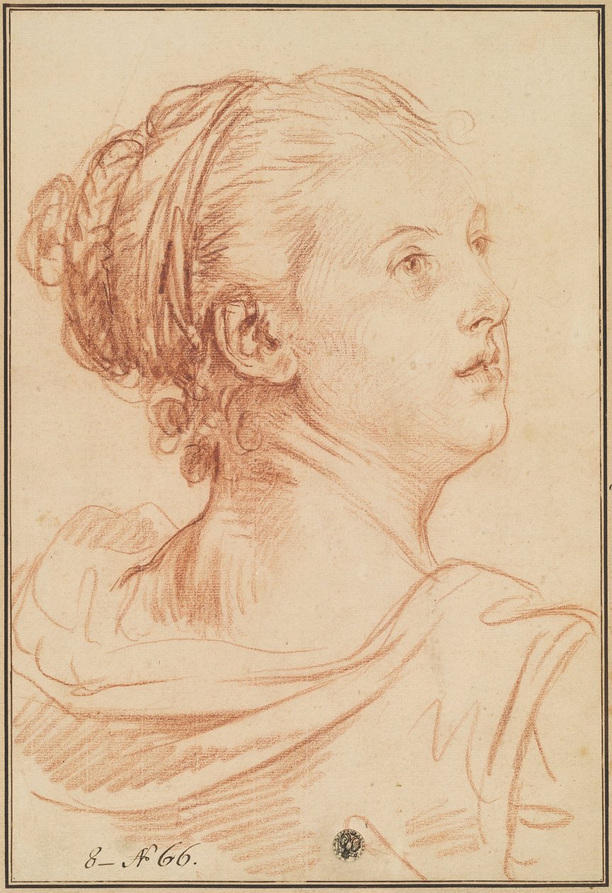 Olkapäänsä yli katsovan naisen pää tekijältä Jean Baptiste Greuze