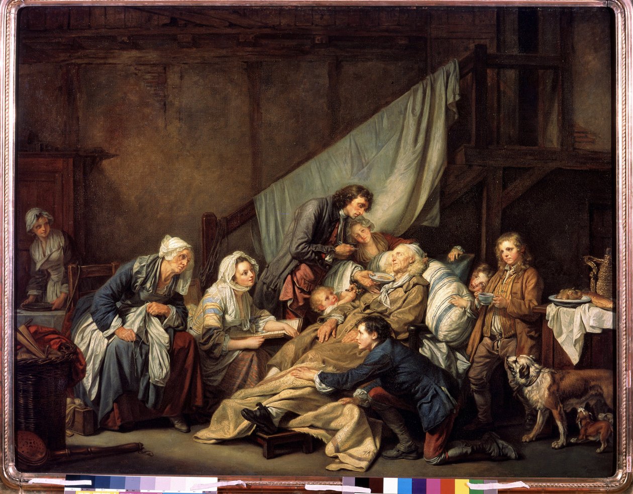 ""Lapsen jumalanpalvelus tai hänen lastensa pelastama halvaantunut"" (Filial Piety (The Paralytic)) Jean Baptiste Greuzen (1725-1805) maalaus 1763 Mitat 115x146 cm Eremitaaši, Pietari tekijältä Jean Baptiste Greuze