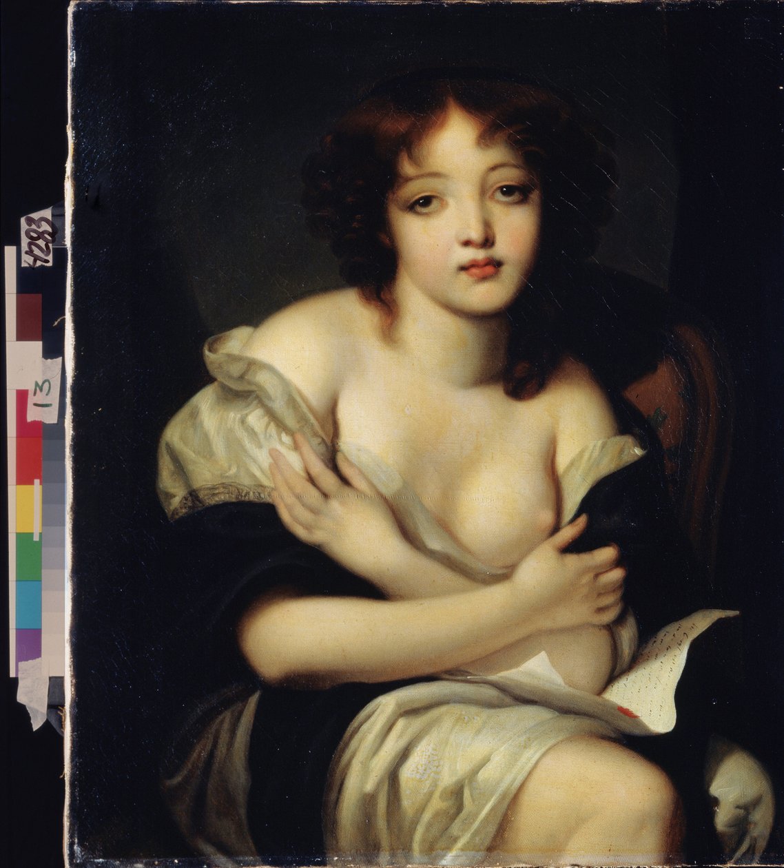 ""Kirje"" (Kirje) Nuori alaston tyttö melankolisella ilmeellä, kädessään rakkauskirje. Jean Baptiste Greuzen (1725-1805) maalaus Valtionmuseo Arkhangelskoye Estate, Moskova tekijältä Jean Baptiste Greuze