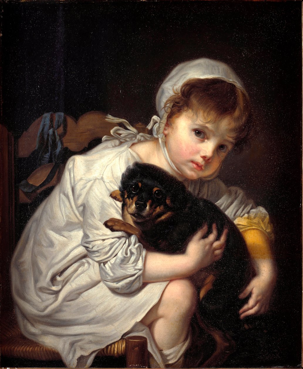 Pieni tyttö pienen koiran kanssa Jean-Baptiste (Jean Baptiste) Greuzen (1725-1805) maalaus 1769 Mitat 64x53 cm Milano, Civiche Raccolte del Castello Sforzesco tekijältä Jean Baptiste Greuze