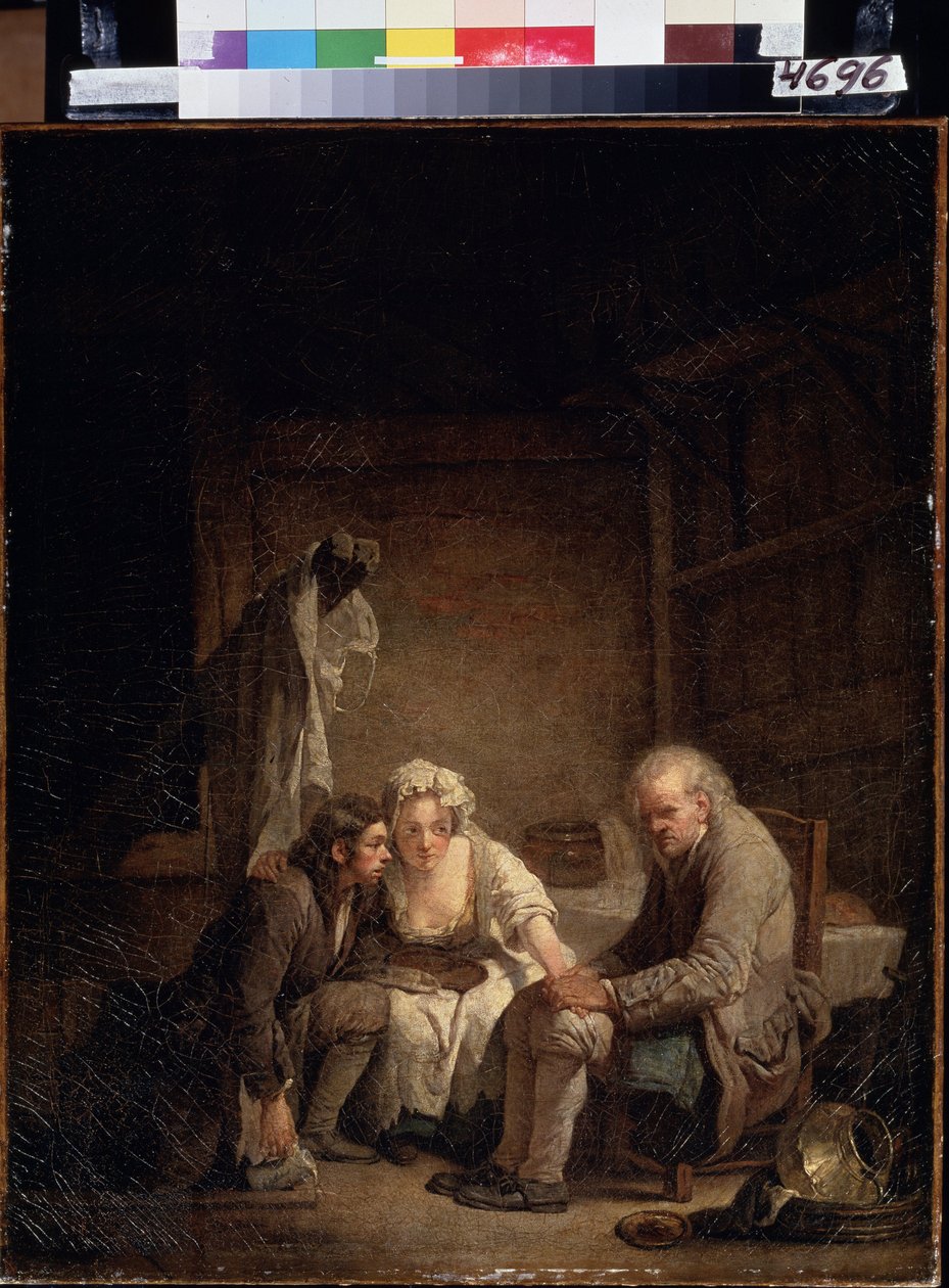 ""Sokea mies pettää"" (Blind Man Deceived). Rehellinen mies huijauksen, huijauksen ja rehellisyyden puutteen uhri. Jean Baptiste Greuzen (1725-1805) maalaus noin 1755. Öljy kankaalle. Rokokoo. Pushkin-museo, Moskova tekijältä Jean Baptiste Greuze