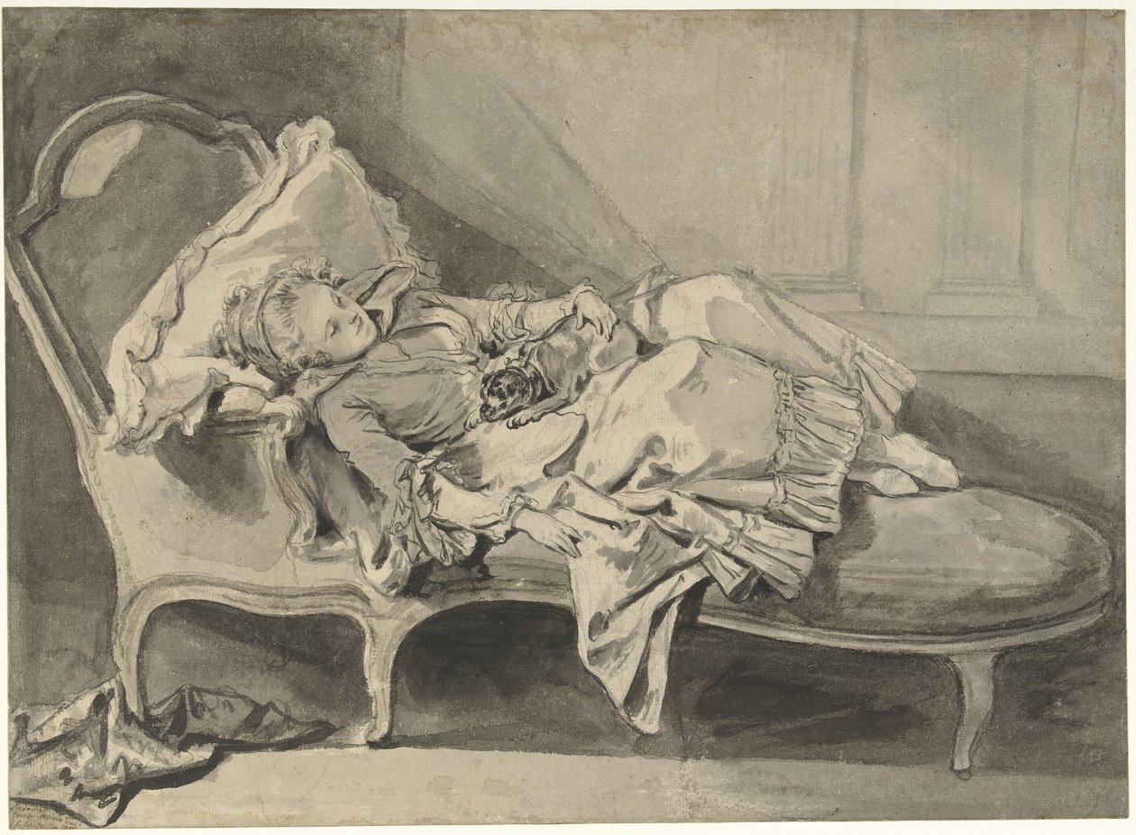 Madame Greuze lepotuolilla koiransa kanssa tekijältä Jean Baptiste Greuze