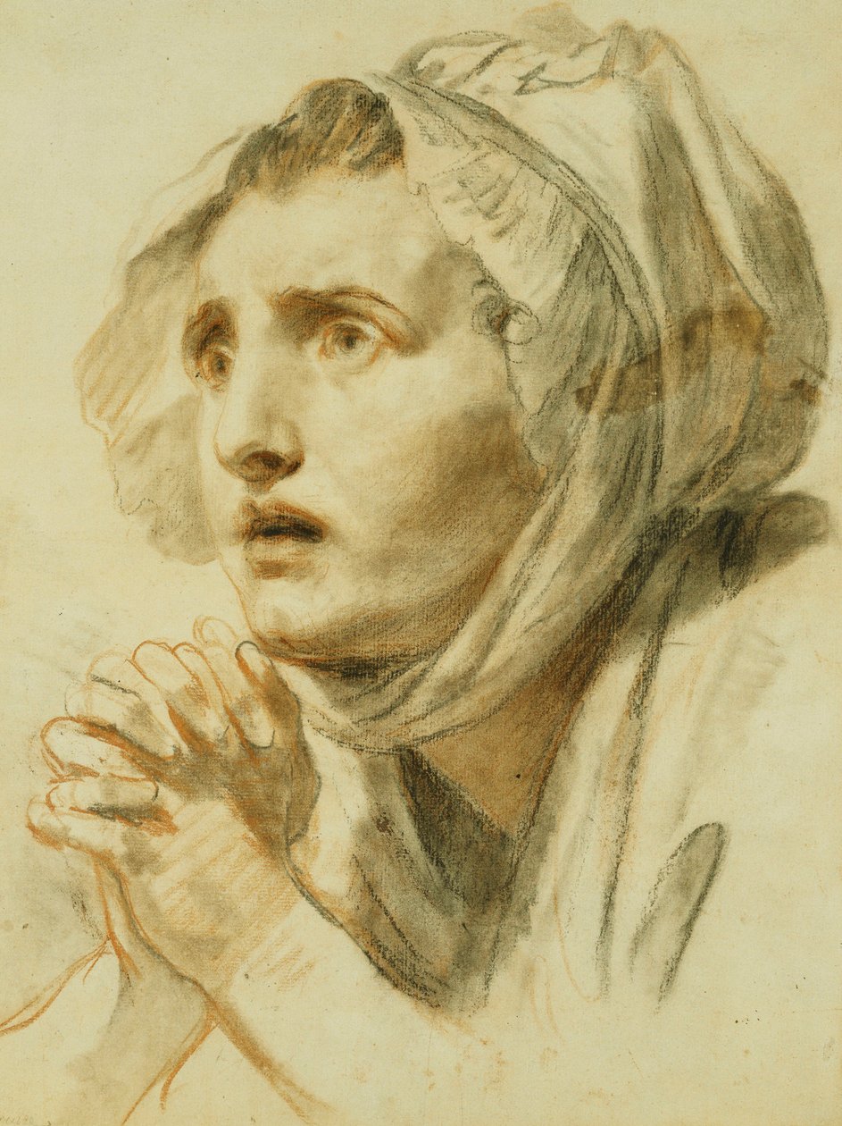 Naisen muotokuva, rinnan pituus, konepellissä, kädet ristissä, tekijältä Jean Baptiste Greuze