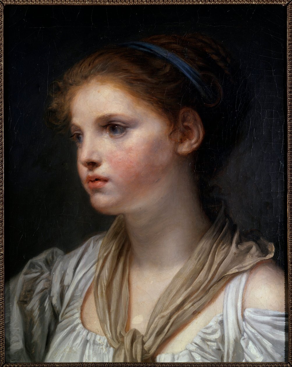 Muotokuva tytöstä sinisellä nauhalla Jean Baptiste Greuzen (1725-1805) maalaus 1700-luvun aurinko. 0,45x0,39 m Rennes, Musee des Beaux Arts tekijältä Jean Baptiste Greuze
